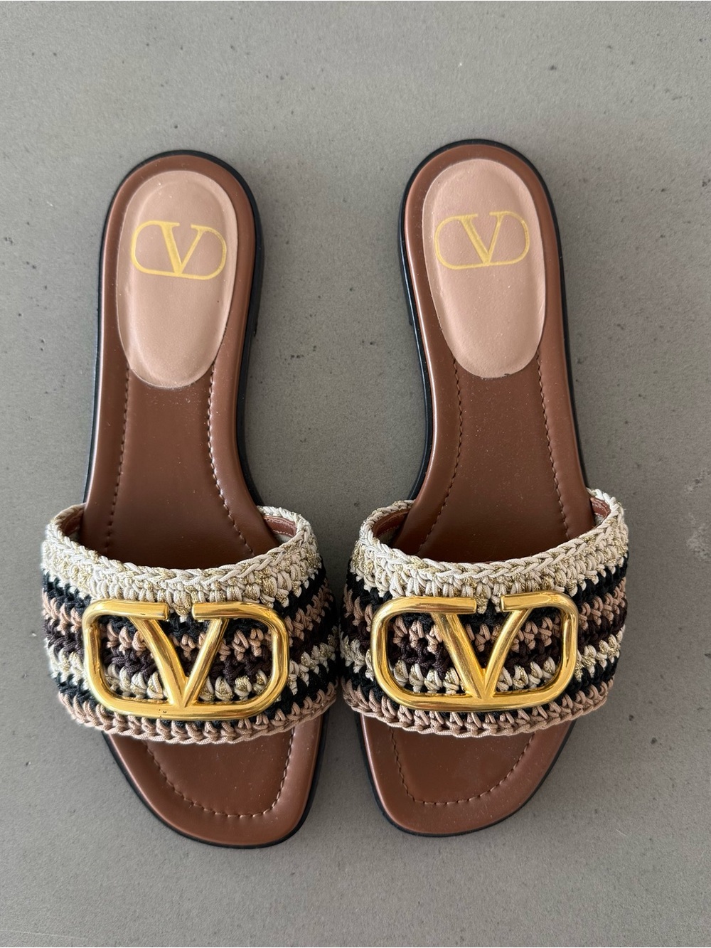 Valentino Garavani Brown, Beige & Black Crochet Logo Slide Sandals